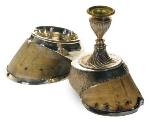 A VICTORIAN SILVER-MOUNTED HORSE HOOF CANDLESTAND AND SILVER-MOUNTED BOX,