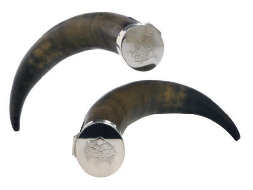 A PAIR OF VICTORIAN SILVER-MOUNTED SNUFF MULLS WITH HINGED COVERS,
