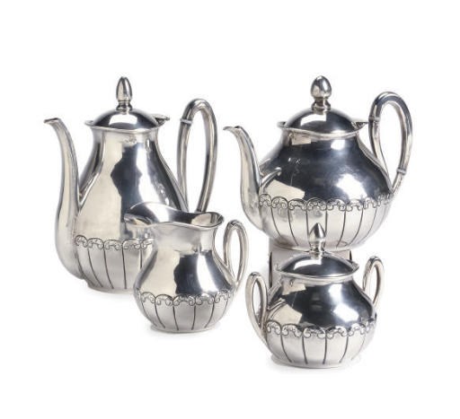 A MEXICAN ART DECO STYLE SILVER FOUR-PIECE TEA AND COFFEE SERVICE,