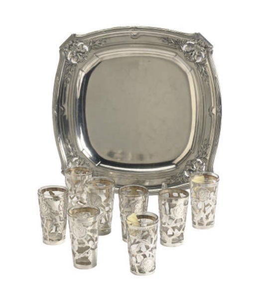 A SET OF EIGHT MEXICAN SILVER-OVERLAID CORDIAL GLASSES AND A CONTINENTAL SILVER SQUARE TRAY,