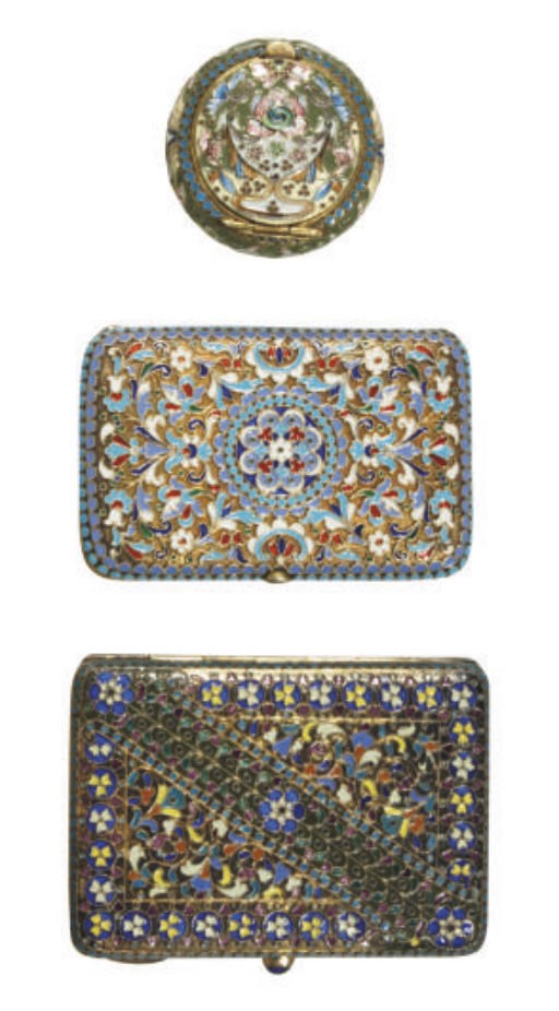 THREE RUSSIAN SILVER AND CLOISONNÉ ENAMELED BOXES WITH HINGED COVERS,