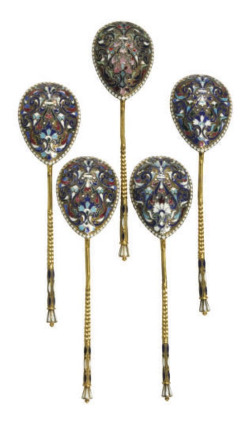 FIVE SILVER-GILT AND CLOISONNÉ ENAMEL SERVING SPOONS,