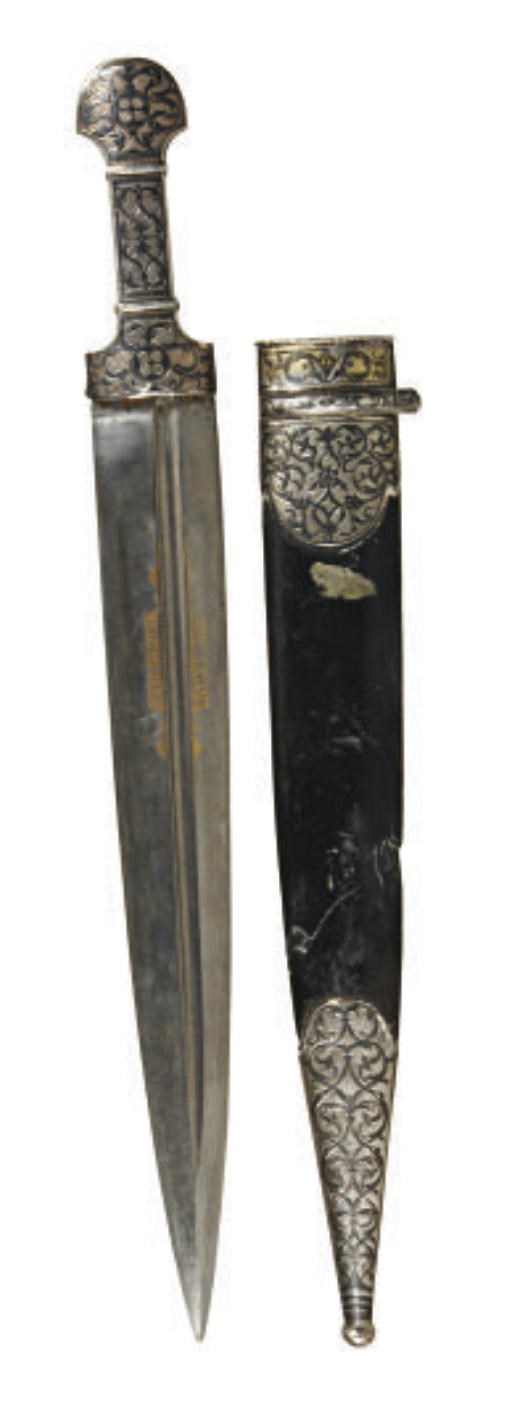 A RUSSIAN NIELLO SILVER AND LEATHER SHEATH AND STEEL SWORD,