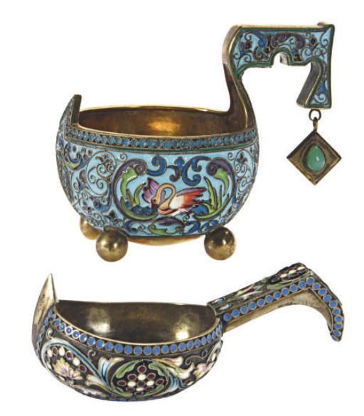 A RUSSIAN SILVER-GILT AND CLOISONNÉ ENAMEL CUP AND LADLE,