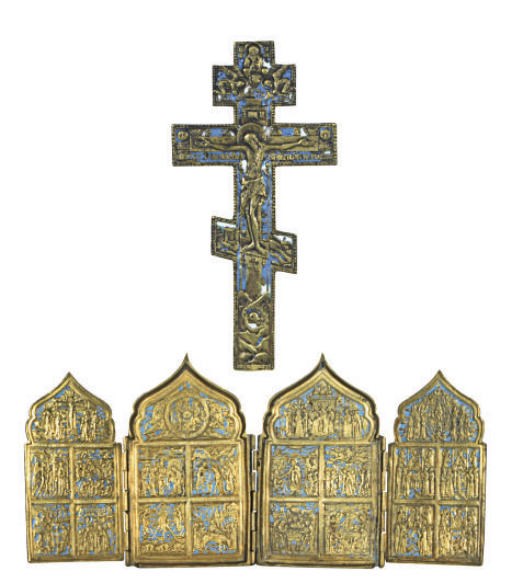 A GROUP OF SIX RUSSIAN BRASS AND ENAMEL ICONS AND CRUCIFIX,