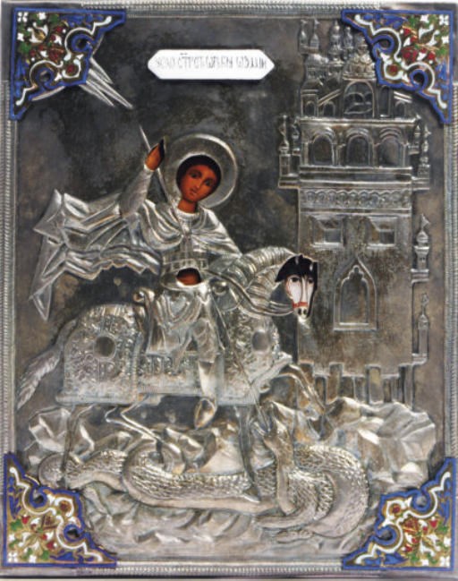 A RUSSIAN SILVERED-METAL, CLOISONNÉ ENAMEL, AND WOOD ICONS DEPICTING CHRIST PANTOCRATOR AND ST. GEORGE SLAYING THE DRAGON,