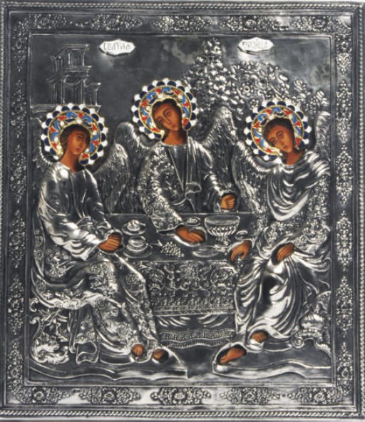 TWO RUSSIAN SILVERED-METAL, CLOISONNÉ ENAMELED AND WOOD PANEL ICONS DEPICTING CHRIST PANTOCRATOR,