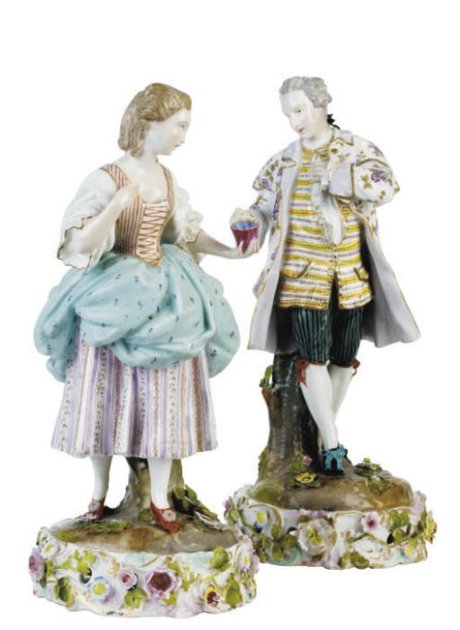 A PAIR OF MEISSEN STYLE FIGURES OF A GALLANT AND COMPANION,