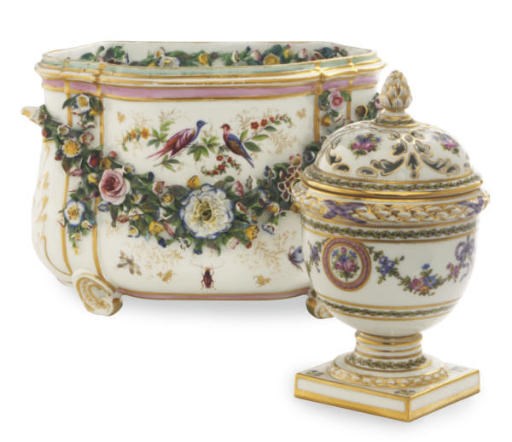 A PAIR OF SEVRES-STYLE POTPOURRI VASES AND COVERS AND A PAIR OF SEVRES-STYLE FLOWER VASES,