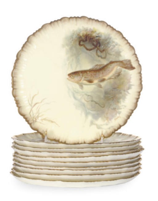 A SET OF TEN ENGLISH GILT PORCELAIN ICHTHYOLOGICAL PLATES,