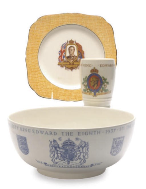 A GROUP OF STAFFORDSHIRE TABLEWARES COMMEMORATING THE CORONATION OF EDWARD VIII AND A PAIR OF ENGLISH MAJOLICA BASKET-FORM DISHES,