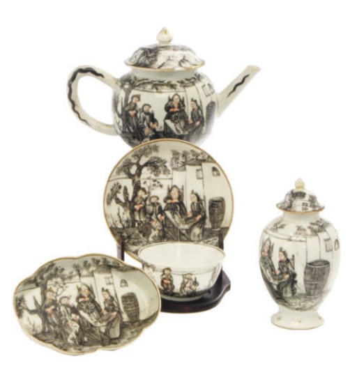 AN ASSEMBLED CHINESE EXPORT PORCELAIN GRISAILLE TEA SERVICE PAINTED WITH EUROPEAN SUBJECTS,