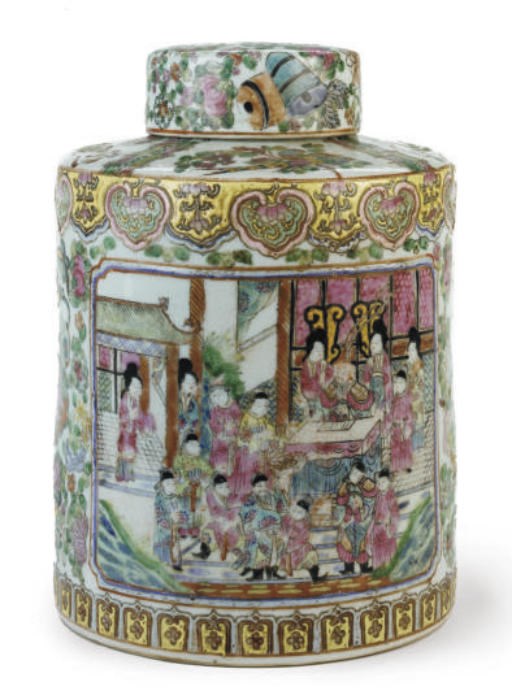 A CHINESE CANTON FAMILLE ROSE STYLE CYLINDRICAL JAR AND COVER,