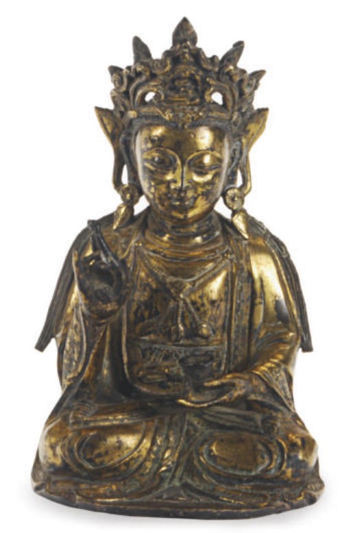 A SMALL CHINESE GILT-BRONZE FIGURE OF A BODHISATTVA,