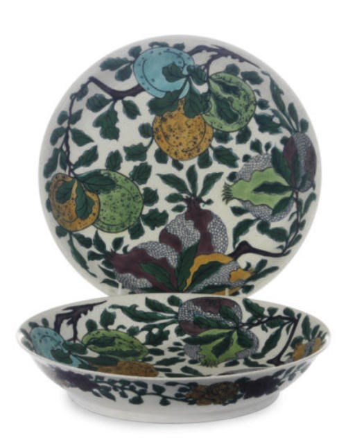 A PAIR OF CHINESE GREEN, YELLOW, TURQUOISE AND AUBERGINE GLAZED-DISHES,