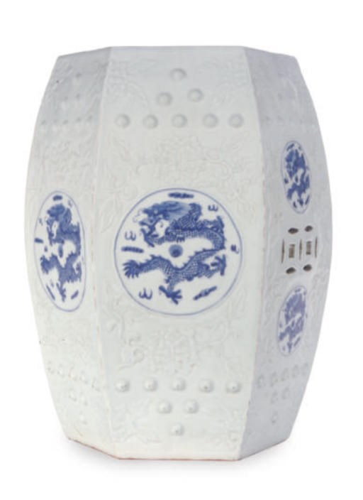 A PAIR OF CHINESE BLUE AND WHITE GLAZED HEXAGONAL GARDEN SEATS,