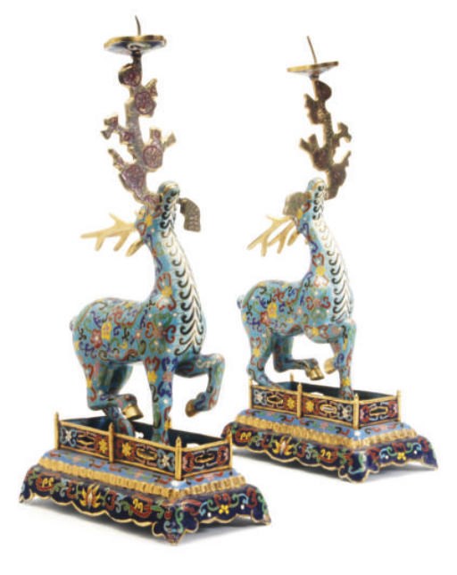 A PAIR OF CHINESE CLOISONNÉ ENAMEL PRICKET CANDLESTICKS MODELED AS DEER,