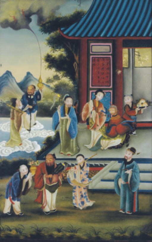 A CHINESE REVERSE PAINTING ON GLASS OF VARIOUS IMMORTALS AND OTHER FIGURES