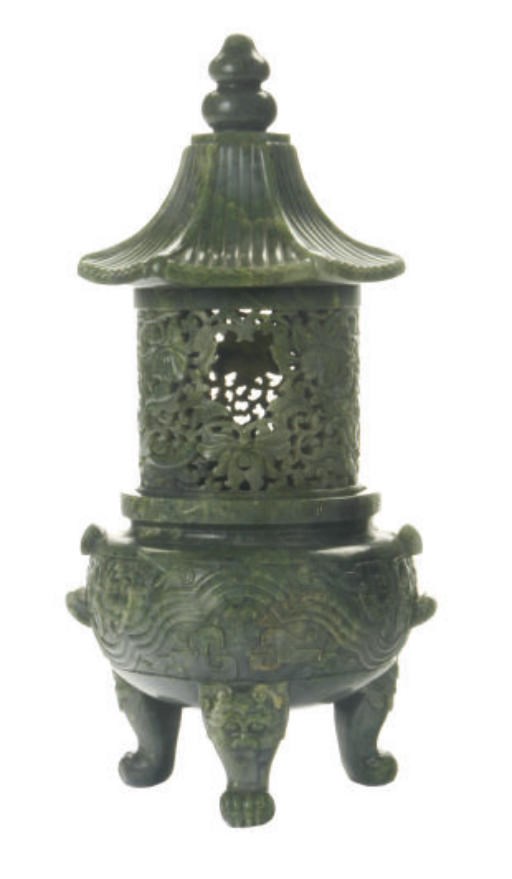 A CHINESE GREEN JADE ARCHAISTIC THREE-PART CENSER AND COVER,