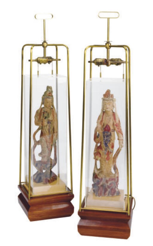TWO CHINESE POLYCHOMED FIGURES OF STANDING BODHISATTVAS,