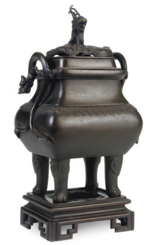 A JAPANESE BRONZE TWO-HANDLED CENSER AND COVER,