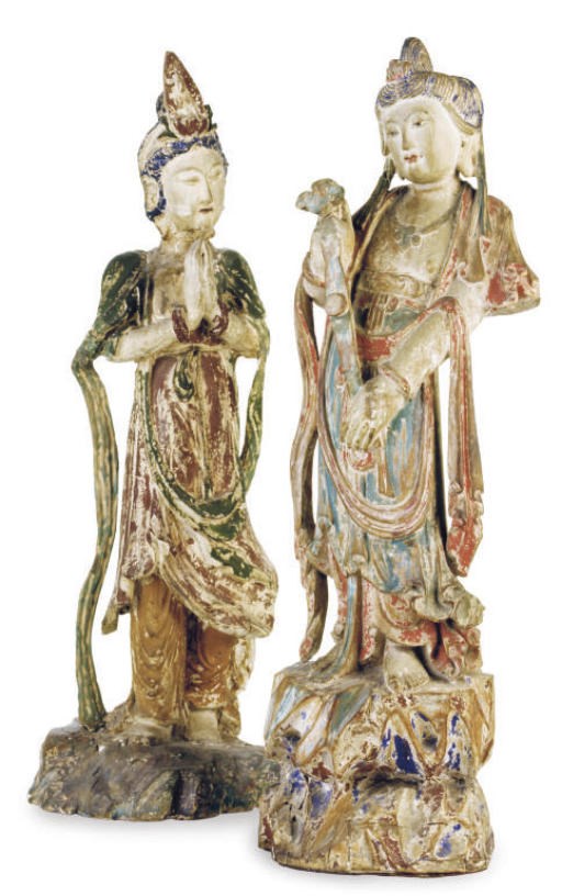 TWO CHINESE POLYCHROME-PAINTED WOOD FIGURES OF BODIHISATTVAS,