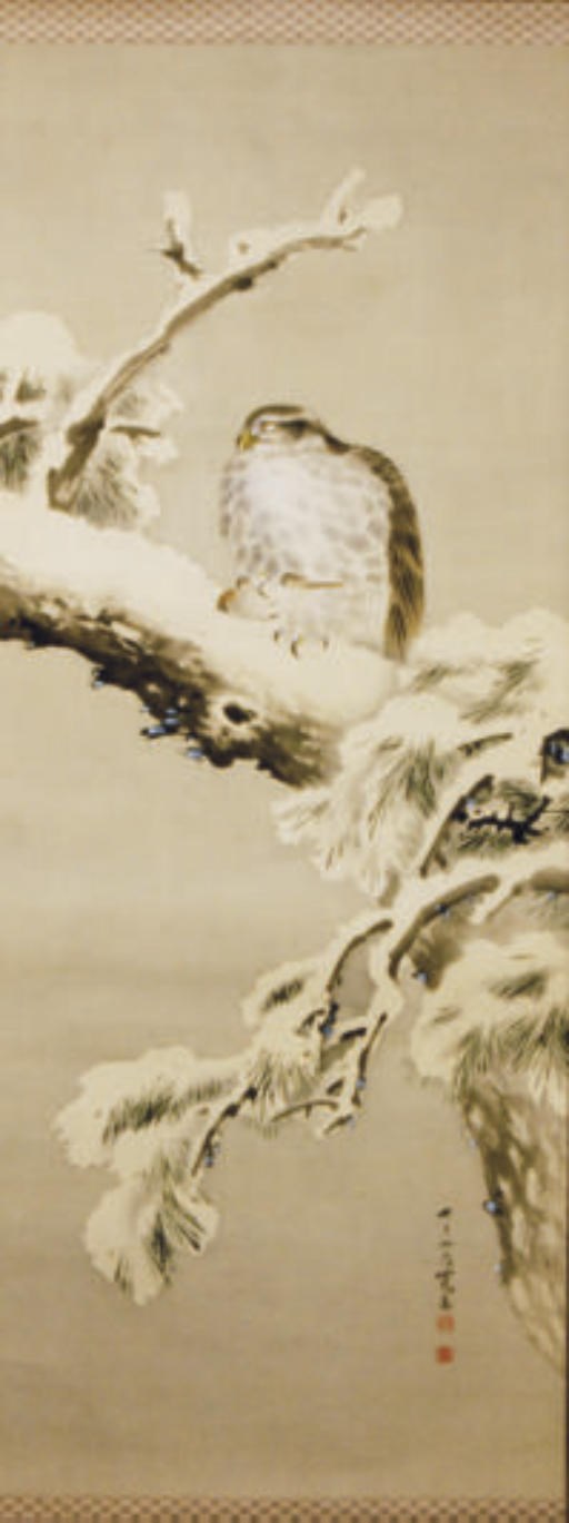 A JAPANESE SILK SCROLL PAINTING OF FALCON AND BIRD IN SNOWY PINE,