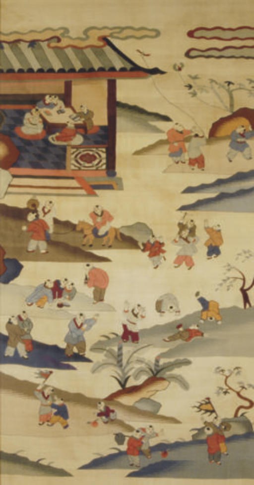 A CHINESE KESI TEXTILE PANEL OF BOYS AT PLAY,