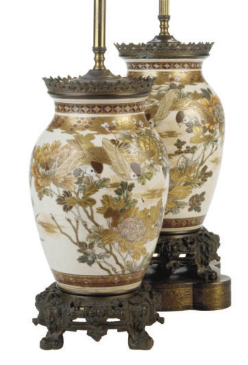 A PAIR OF JAPANESE SATSUMA OVOID VASES MOUNTED AS LAMPS,