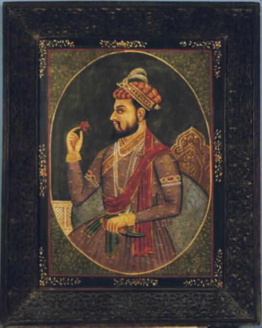 A PAINTING OF A MARHRAJA HOLDING A ROSE,