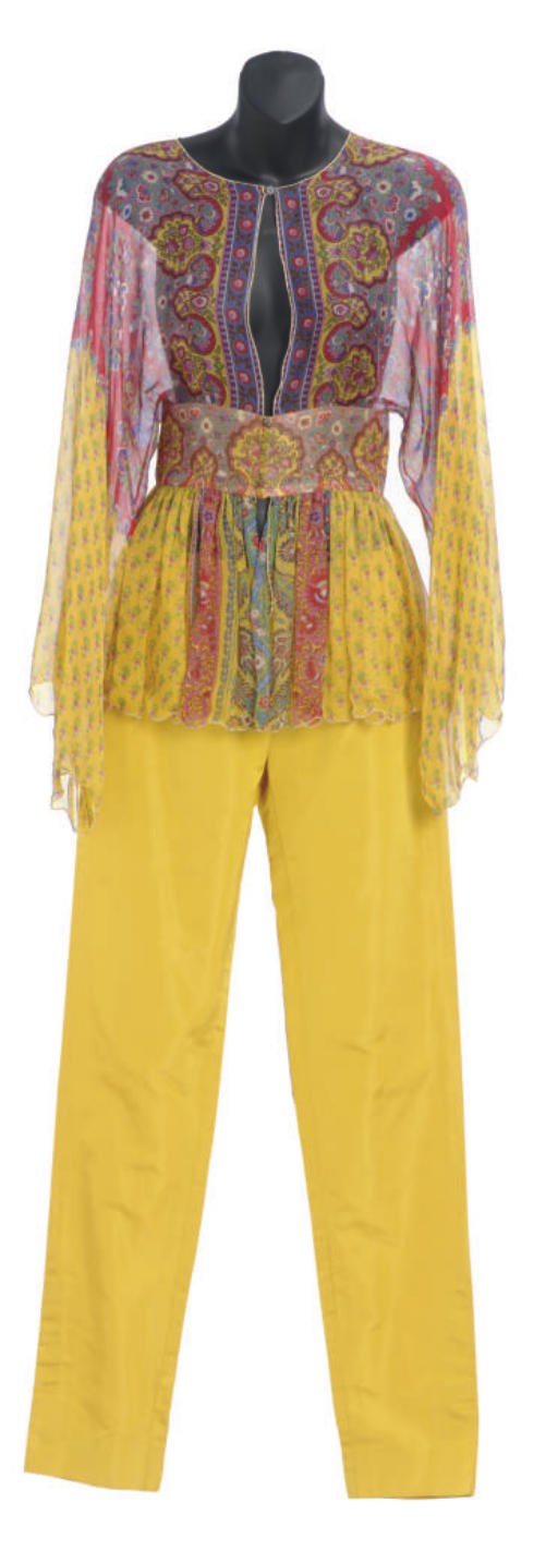 TWO OSCAR DE LA RENTA INDIAN PRINT ENSEMBLES,
