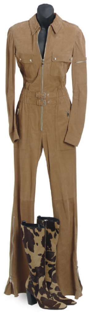 A MICHAEL KORS TAN SUEDE JUMPSUIT,