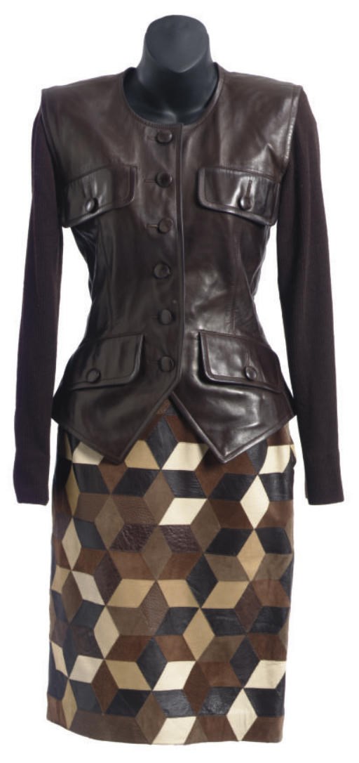 A CHOCOLATE BROWN LEATHER TWO-PIECE ENSEMBLE,