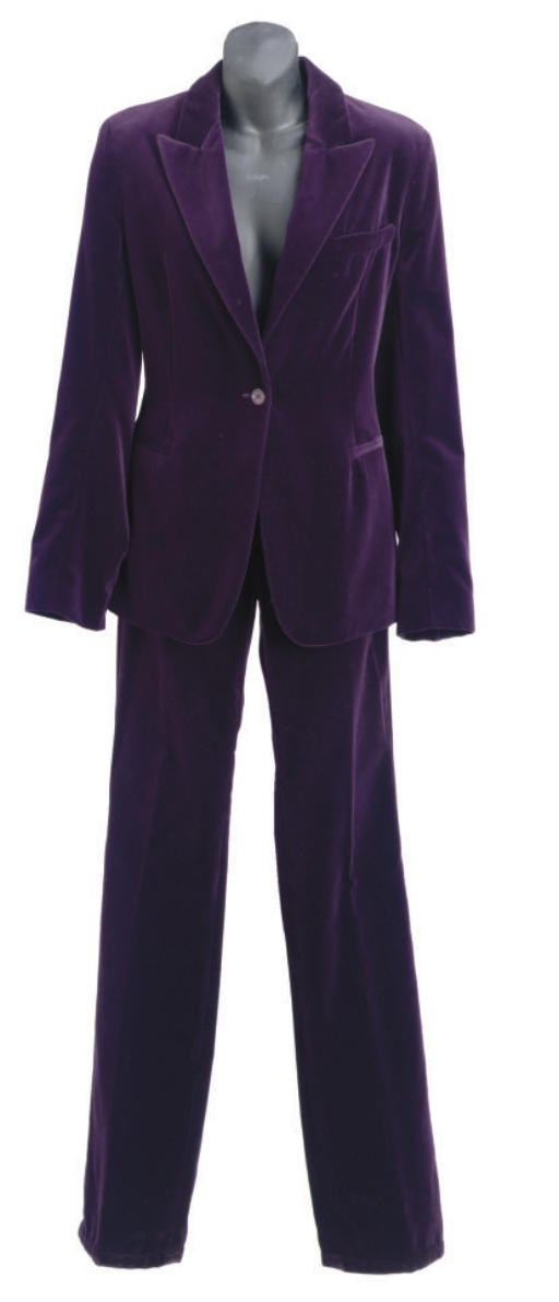 A CALVIN KLEIN PURPLE VELVET PANTSUIT,