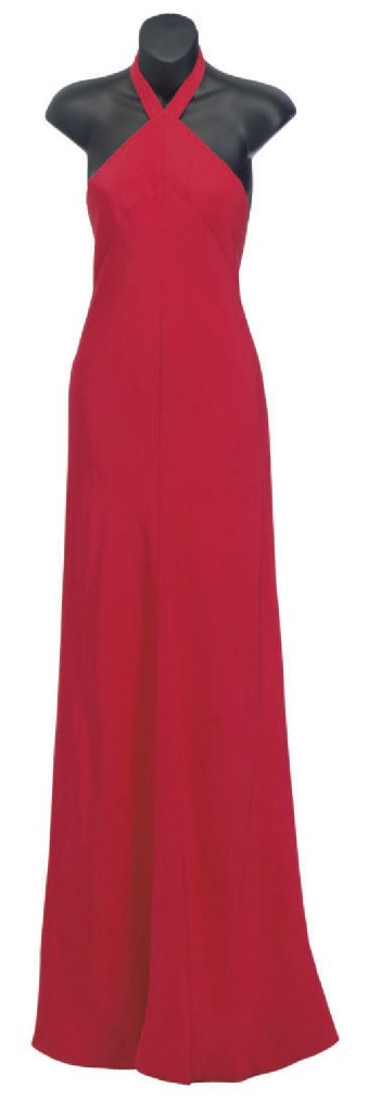 A FIRE ENGINE RED HALTER NECK EVENING GOWN,