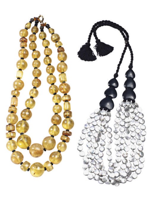 A YSL SIX-STRAND IRIDESCENT AND BROWN HEART SIX ROPE NECKLACE,
