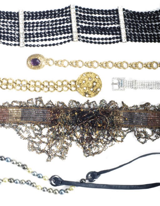 A GROUP OF SIX MISCELLANEOUS BEADED AND RHINESTONE BELTS,