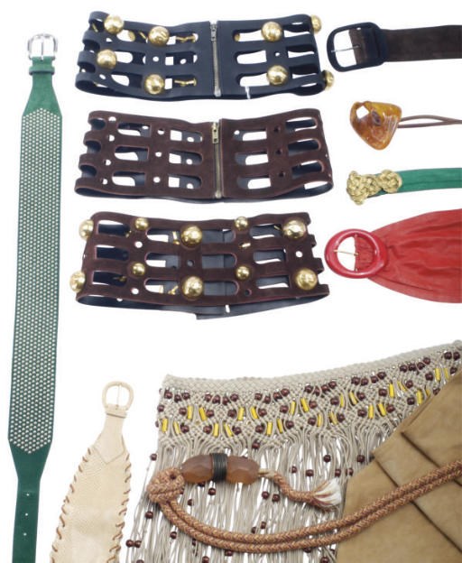 A GROUP OF THIRTEEN MISCELLANEOUS SUEDE, MACRAME, ROPE, SNAKESKIN, AND LEATHER BELTS,