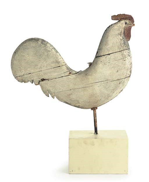 A CARVED AND PAINT-DECORATED WOODEN ROOSTER WEATHERVANE
