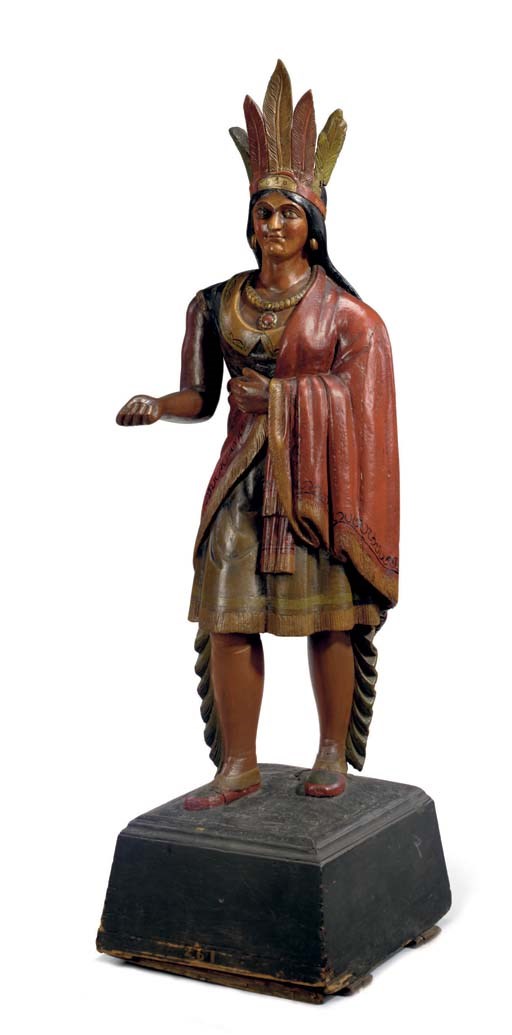 A CARVED AND PAINT-DECORATED INDIAN PRINCESS TOBACCONIST FIGURE