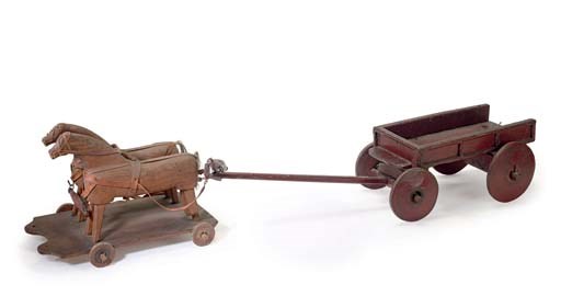 A CARVED AND PAINT-DECORATED HORSE AND CART PULL-TOY