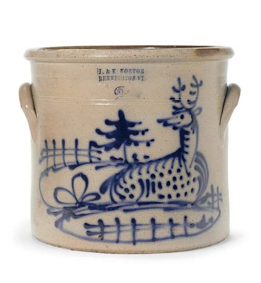 A STONEWARE TWO GALLON CROCK WITH COBALT DECORATION OF A DEER
