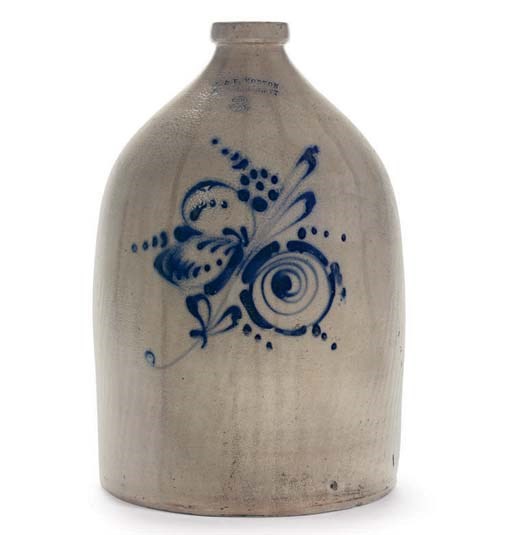 A STONEWARE THREE GALLON JUG WITH FLORAL DECORATION