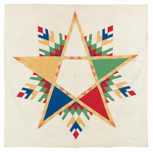 A MASONIC PIECED AND QUILTED COTTON COVERLET
