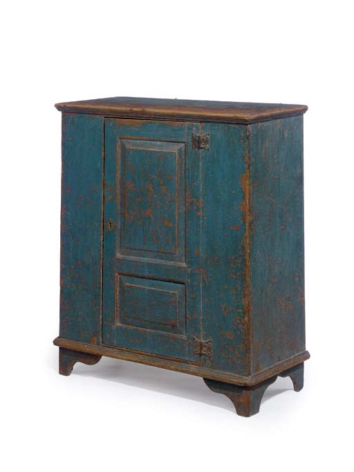 A DIMINUTIVE QUEEN ANNE BLUE-PAINTED CUPBOARD