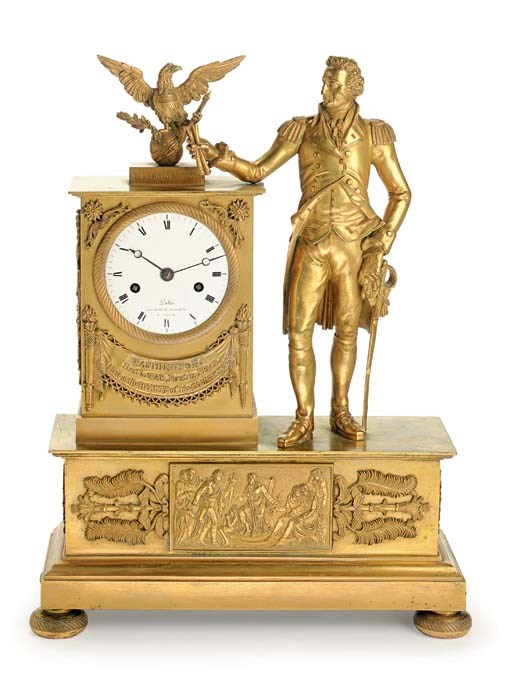 A GILT BRONZE MANTEL CLOCK WITH A FIGURE OF GEORGE WASHINGTON