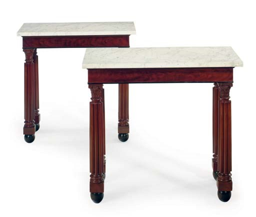 A PAIR OF CLASSICAL MAHOGANY MARBLE-TOP PIER TABLES
