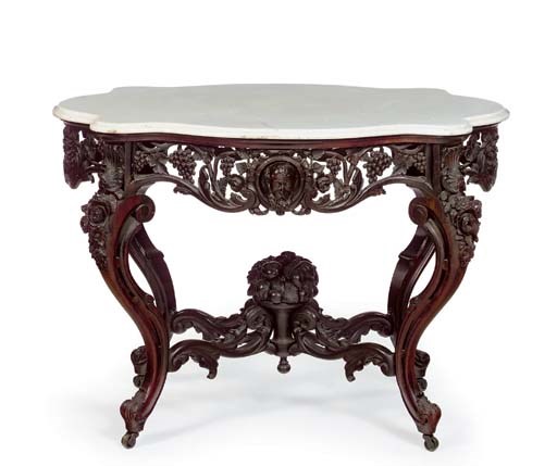A ROCOCO REVIVAL ROSEWOOD MARBLE-TOP CENTER TABLE**