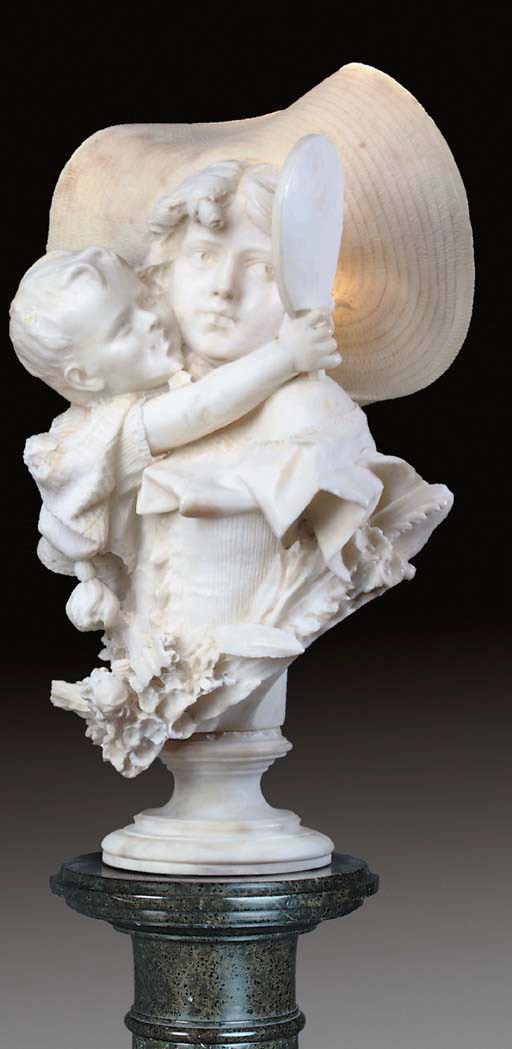 AN ITALIAN ALABASTER DOUBLE BUST OF A YOUNG MOTHER AND INFANT, ON VERDE ANTICO MARBLE PEDESTAL