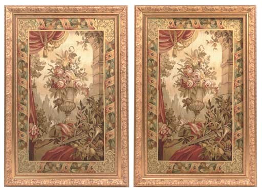 A PAIR OF FRENCH GILTWOOD-FRAMED AUBUSSON TAPESTRY PANELS